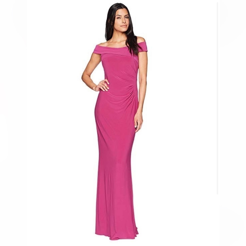 Adrianna Papell Women's Off The Shoulder Jersey Bright Syrah Long Gown Size 6p